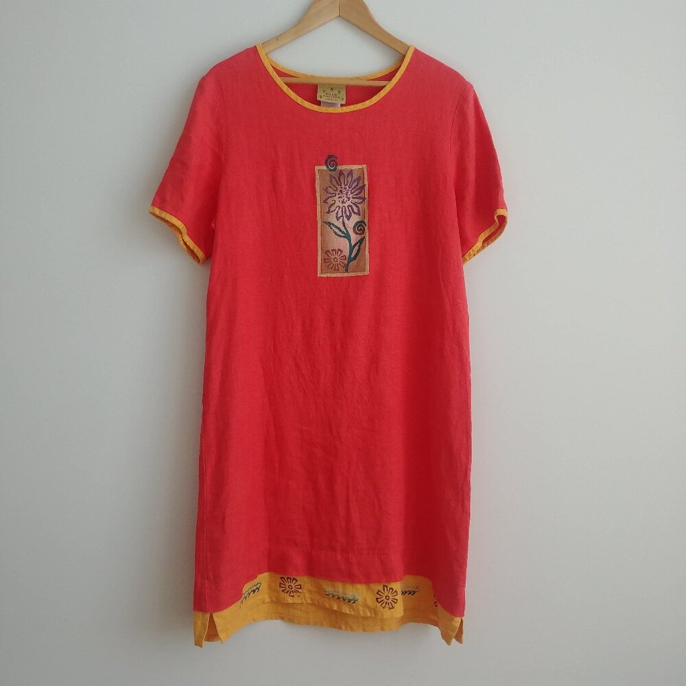 Blue Cactus 100% thick linen dress short sleeve relaxed fit coral orange Large